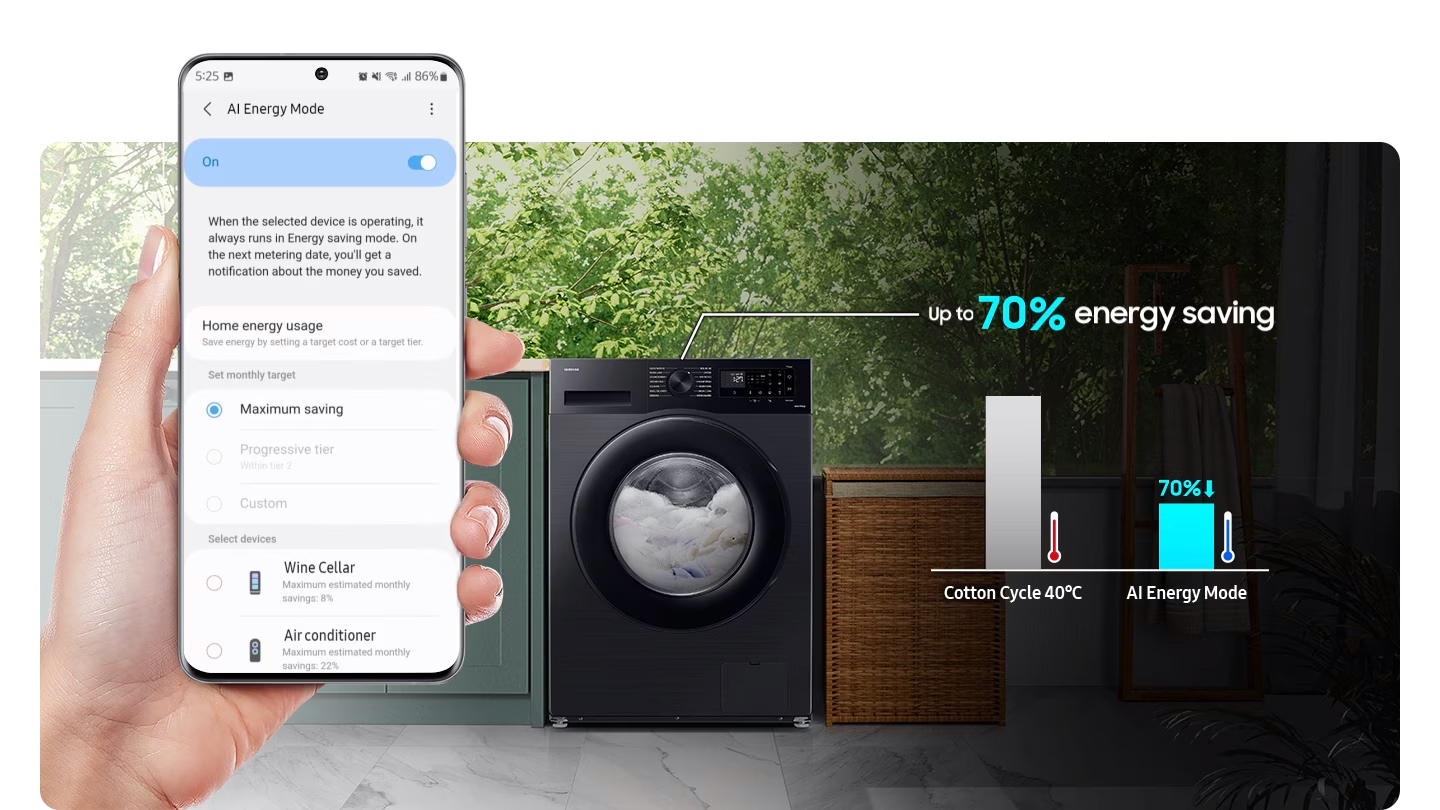 Η λειτουργία AI Energy Mode for Washer ενεργοποιείται επιλέγοντας το κουμπί λειτουργίας στο «On» και επιλέγοντας τη συσκευή που θέλεις να λειτουργεί στο smartphone σου. Η λειτουργία AI Energy μειώνει την κατανάλωση ενέργειας έως και 70% περισσότερο από τον κύκλο βαμβακερών 40ºC.